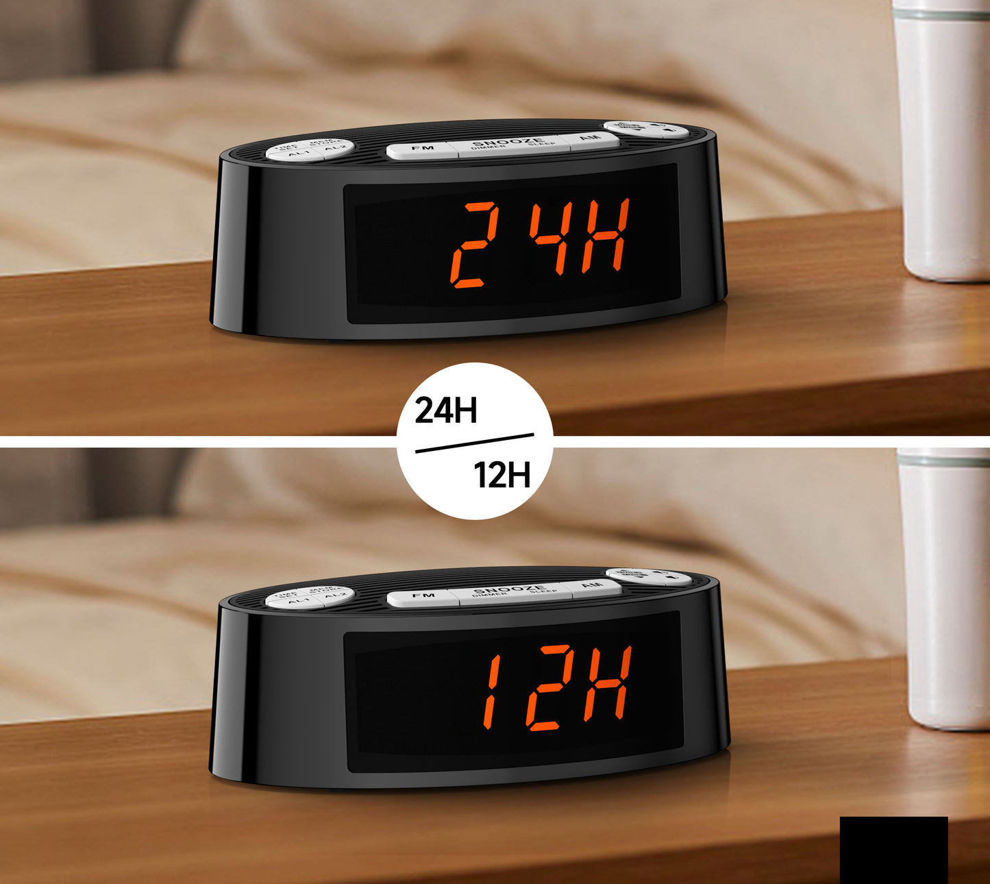 Radio despertador digital iTOMA AM/FM con alarma dual, temporizador de apagado y función de repetición, pantalla LED naranja y atenuación de 4 niveles (3301)