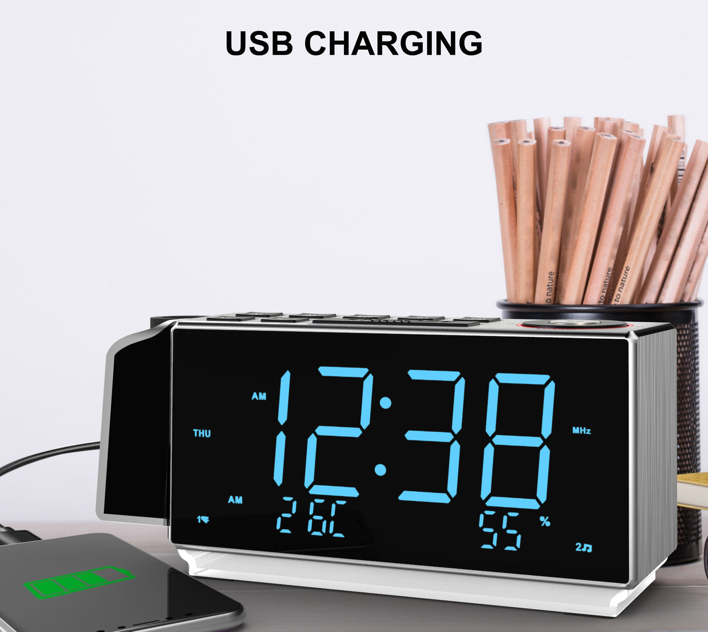 iTOMA 509-UK Digital Projection Alarm Clock with FM Radio, USB Charging, 1.8'' LED Display, Night Light, Dual Alarm, Snooze, Dimmer Control, Bedside Clock Radio
