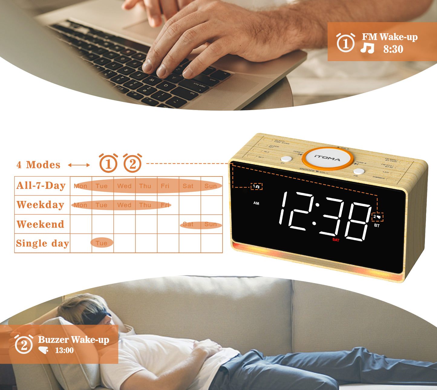 Digital Alarm Clock Radio, 1.4" White LED Display Clock with Bluetooth, FM Radio, Dual Alarm, Sleep Timer, Snooze, Auto & Manual Dimmer, USB Charger and Night Light iTOMA 718