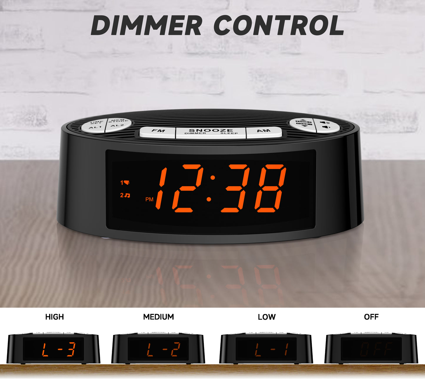 Radio despertador digital iTOMA AM/FM con alarma dual, temporizador de apagado y función de repetición, pantalla LED naranja y atenuación de 4 niveles (3301)
