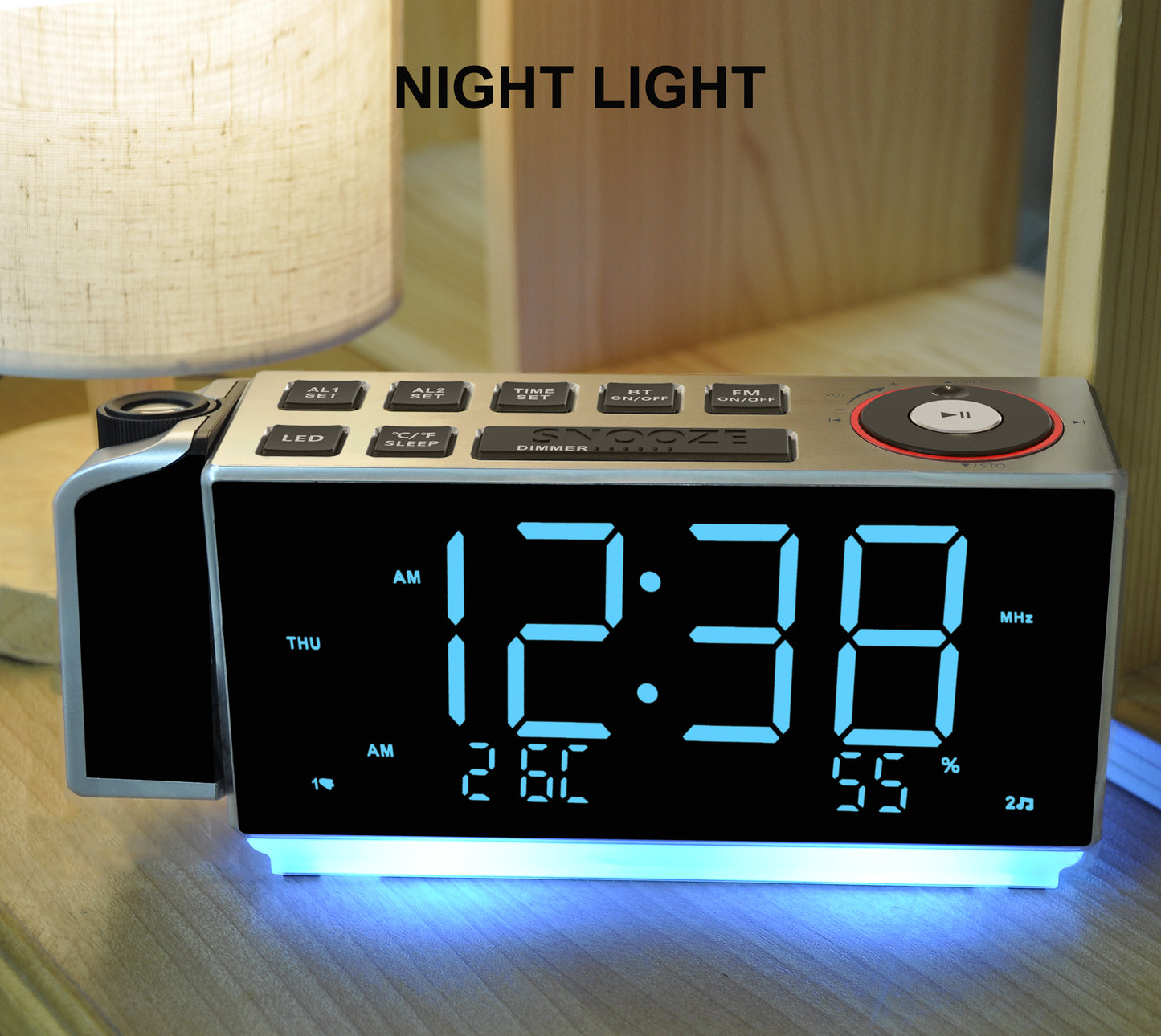 iTOMA 509-UK Digital Projection Alarm Clock with FM Radio, USB Charging, 1.8'' LED Display, Night Light, Dual Alarm, Snooze, Dimmer Control, Bedside Clock Radio