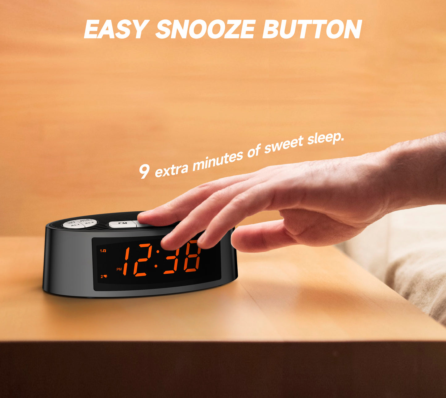 Radio despertador digital iTOMA AM/FM con alarma dual, temporizador de apagado y función de repetición, pantalla LED naranja y atenuación de 4 niveles (3301)