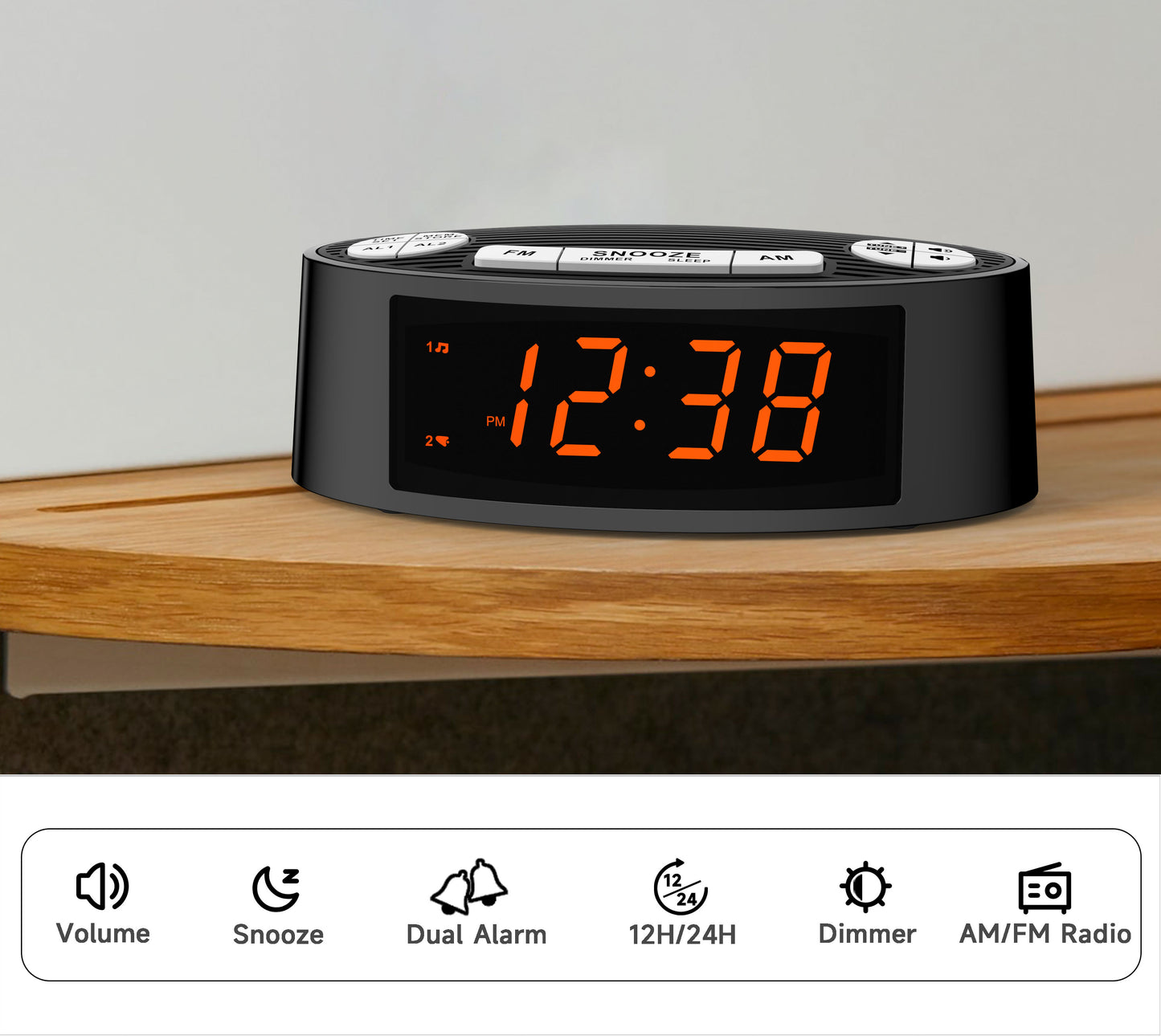 Radio despertador digital iTOMA AM/FM con alarma dual, temporizador de apagado y función de repetición, pantalla LED naranja y atenuación de 4 niveles (3301)