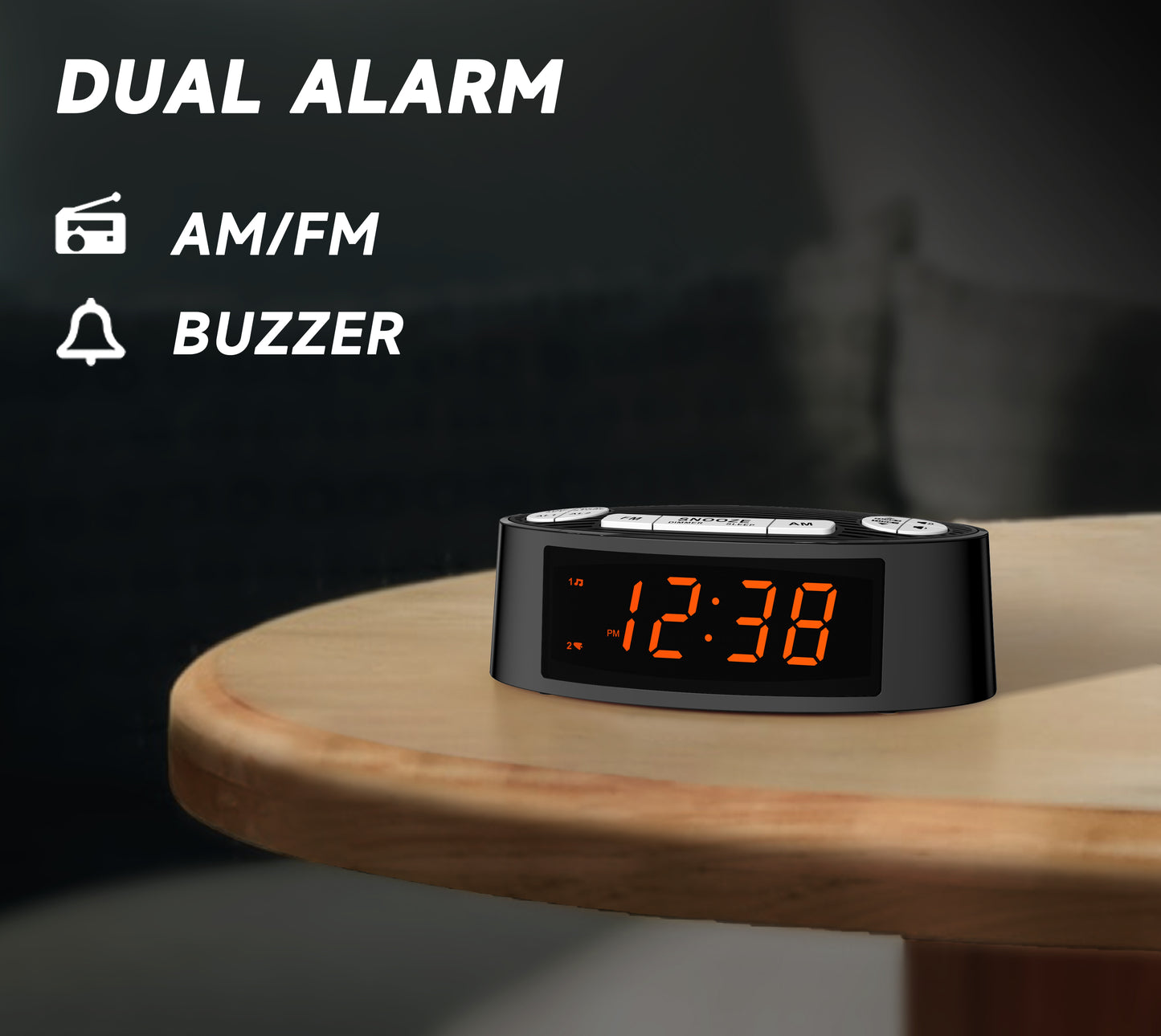 Radio despertador digital iTOMA AM/FM con alarma dual, temporizador de apagado y función de repetición, pantalla LED naranja y atenuación de 4 niveles (3301)