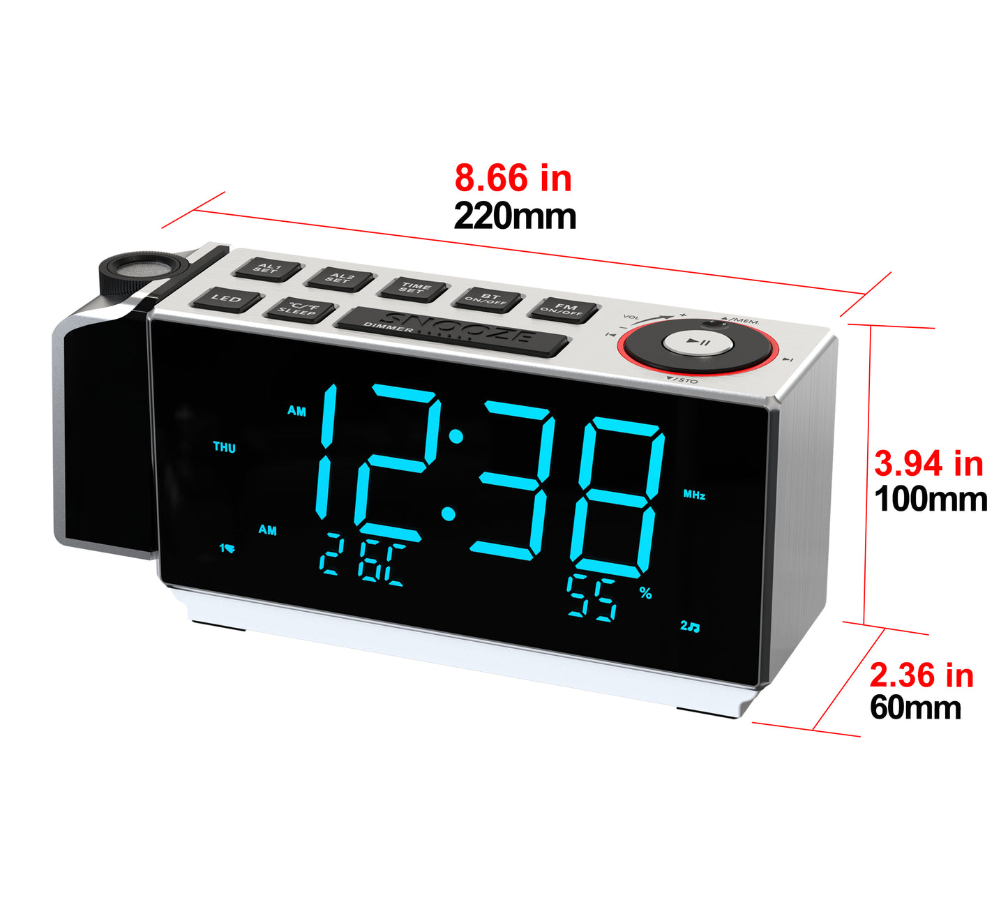 iTOMA 509-UK Digital Projection Alarm Clock with FM Radio, USB Charging, 1.8'' LED Display, Night Light, Dual Alarm, Snooze, Dimmer Control, Bedside Clock Radio