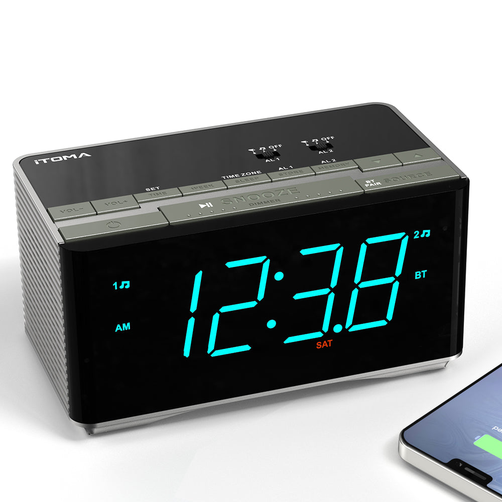 iTOMA 3501S-UK Digital Alarm Clock Radio-Bluetooth Stereo Speakers,FM Radio,Dual Alarm,Snooze,Brightness Dimmer,USB Charging, Alarm Clock for Bedroom Office
