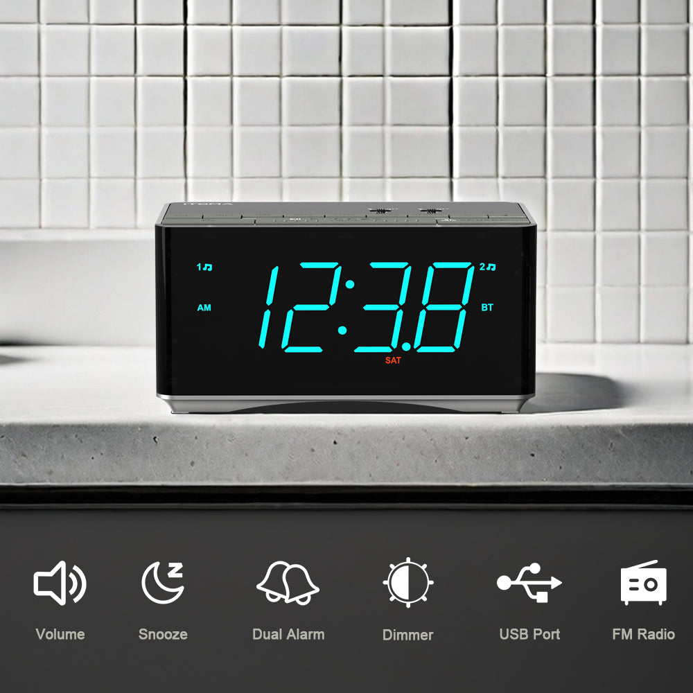 iTOMA 3501S-UK Digital Alarm Clock Radio-Bluetooth Stereo Speakers,FM Radio,Dual Alarm,Snooze,Brightness Dimmer,USB Charging, Alarm Clock for Bedroom Office
