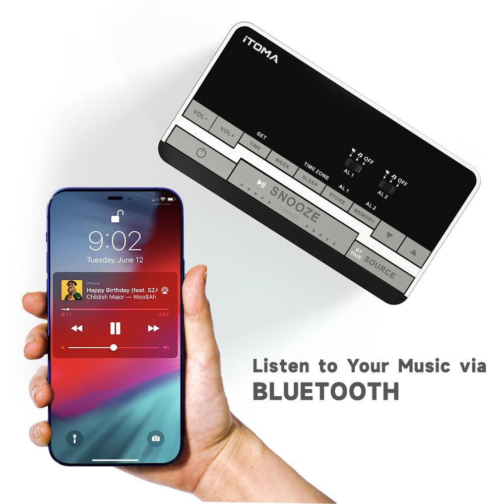 iTOMA 3501S-UK Digital Alarm Clock Radio-Bluetooth Stereo Speakers,FM Radio,Dual Alarm,Snooze,Brightness Dimmer,USB Charging, Alarm Clock for Bedroom Office