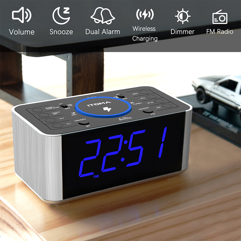 Kabelloser Ladewecker mit DAB- und UKW-Radio, 40 voreingestellten Sendern, zwei Alarmen, Schlummerfunktion, dimmbarem LCD-Display, Bluetooth, USB-Ladefunktion und Kopfhöreranschluss, Radiowecker fürs Bett iTOMA 206