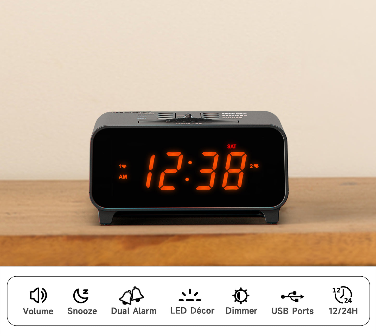 iTOMA 213-UK Small Alarm Clocks, Dual Alarms with 4 Alarm Week Modes, Snooze, USB Charger, Auto & Manual Dimmer,12/24Hr,Night Light and Orange LED Display Clock for Bedrooms