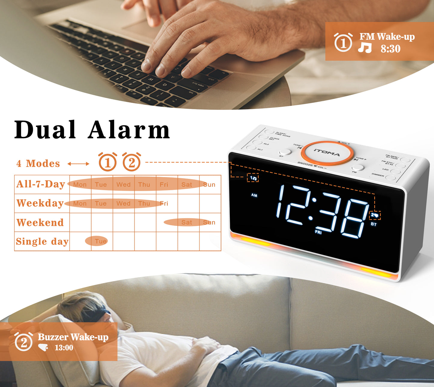 Digital Alarm Clock Radio, 1.4" White LED Display Clock with Bluetooth, FM Radio, Dual Alarm, Sleep Timer, Snooze, Auto & Manual Dimmer, USB Charger and Night Light iTOMA 718