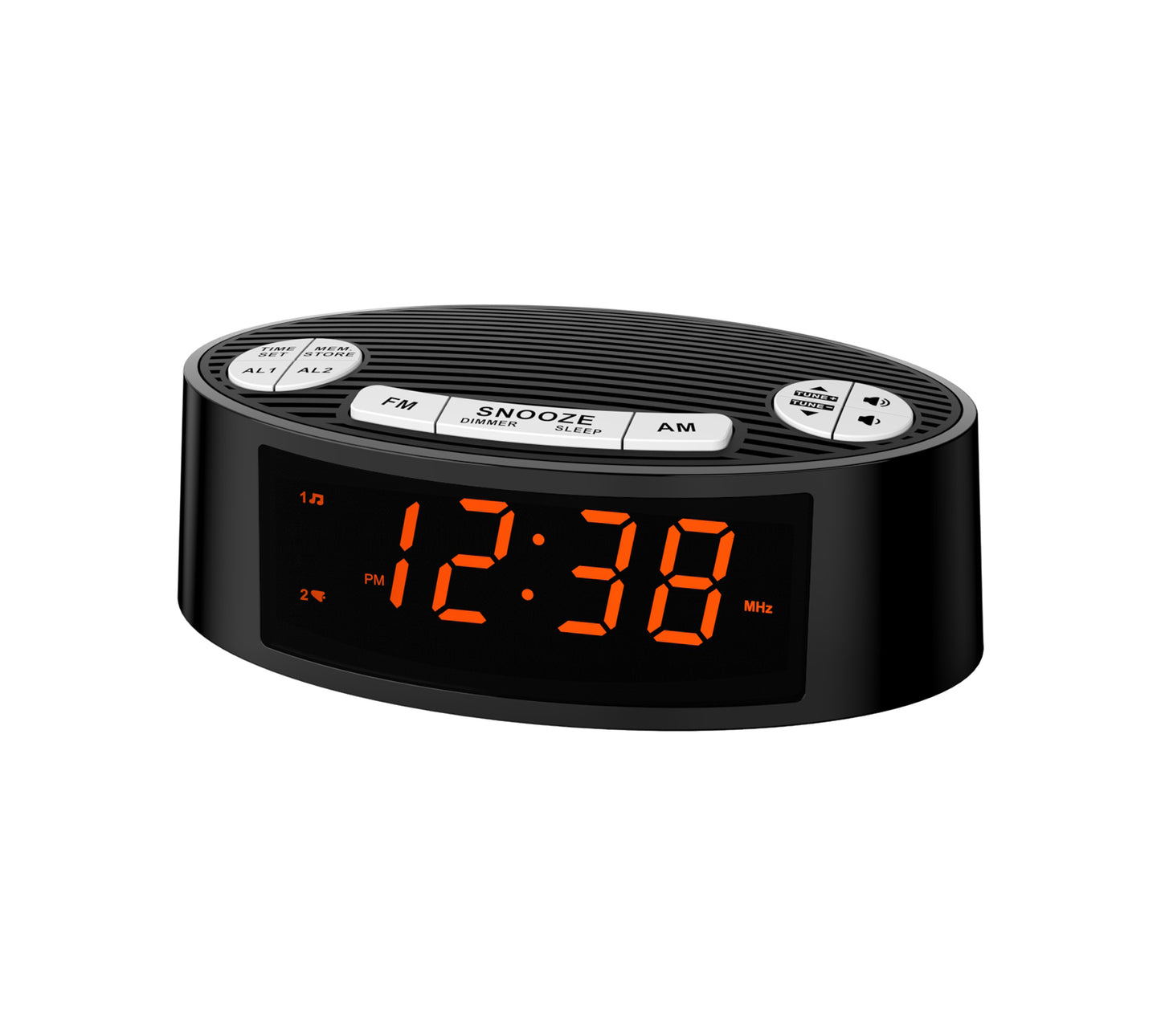 Radio despertador digital iTOMA AM/FM con alarma dual, temporizador de apagado y función de repetición, pantalla LED naranja y atenuación de 4 niveles (3301)