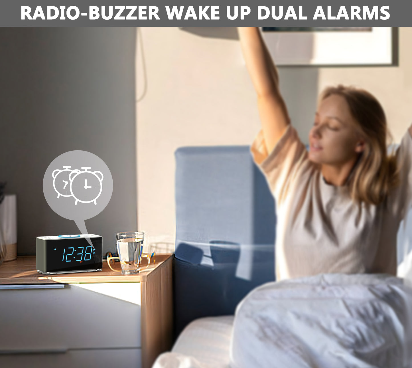 iTOMA 207A-UK Creative APP Control, Alarm Clock Radio with 15W Wireless Charger, FM Radio, Bluetooth, Two Charging Ports, Dual Alarm, Sleep Timer, Snooze, Auto-Manual Dimmer, Night Light &1.4" Ice Blue LED Display Clock Radio for Bedroom