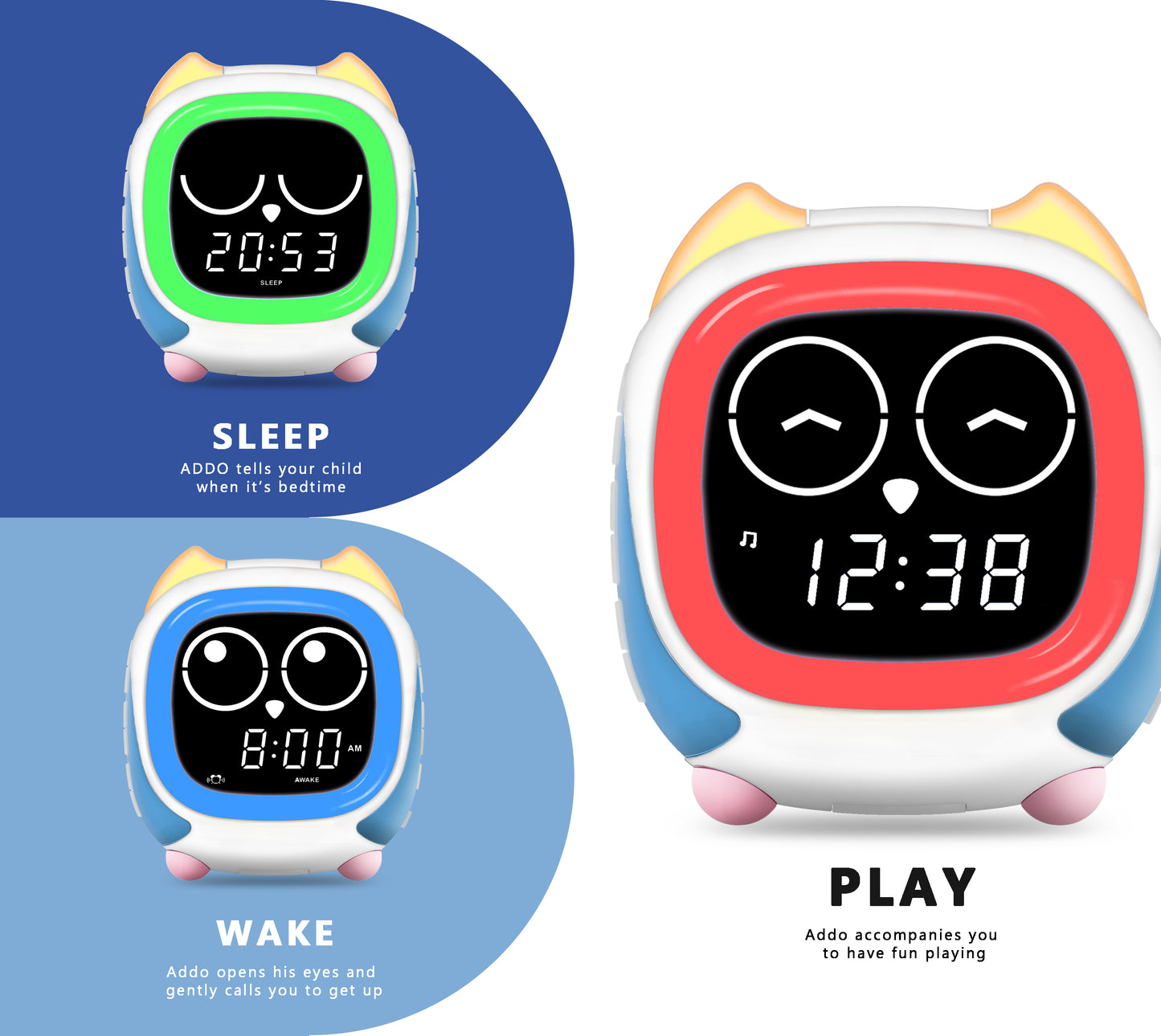 Reloj despertador infantil Addo, lámpara de noche con simulación de amanecer y atardecer, reloj de entrenamiento para niños y reproductor de música Bluetooth, sonido de sueño con ruido blanco, despertador de búho iTOMA