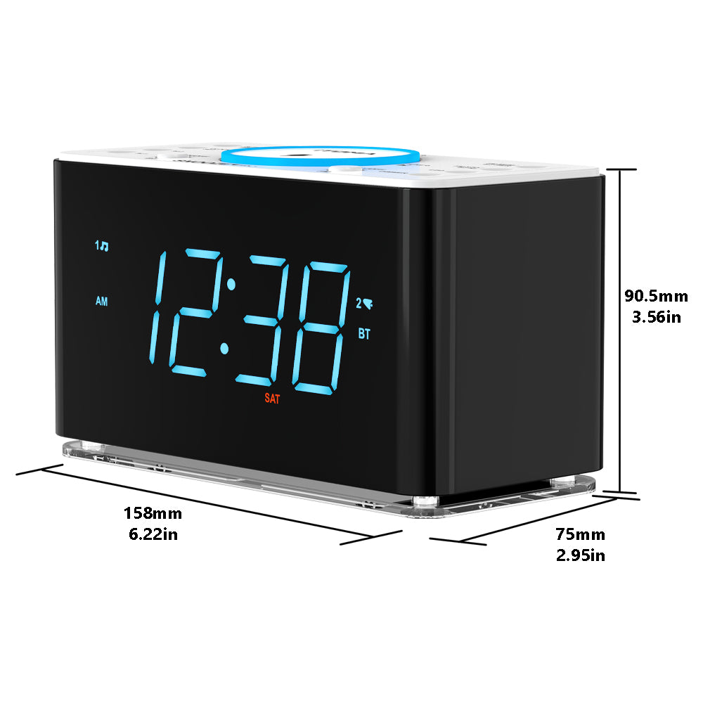 iTOMA 207A-UK Creative APP Control, Alarm Clock Radio with 15W Wireless Charger, FM Radio, Bluetooth, Two Charging Ports, Dual Alarm, Sleep Timer, Snooze, Auto-Manual Dimmer, Night Light &1.4" Ice Blue LED Display Clock Radio for Bedroom