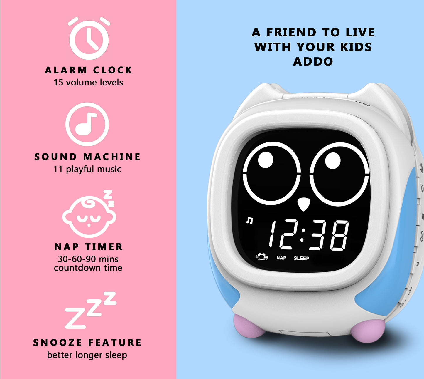 Reloj despertador infantil Addo, lámpara de noche con simulación de amanecer y atardecer, reloj de entrenamiento para niños y reproductor de música Bluetooth, sonido de sueño con ruido blanco, despertador de búho iTOMA