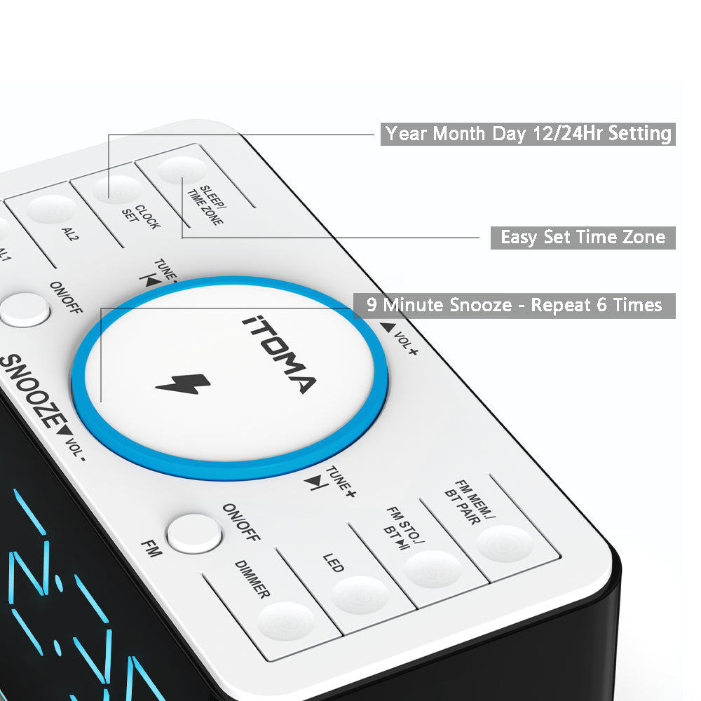 iTOMA 207A-UK Creative APP Control, Alarm Clock Radio with 15W Wireless Charger, FM Radio, Bluetooth, Two Charging Ports, Dual Alarm, Sleep Timer, Snooze, Auto-Manual Dimmer, Night Light &1.4" Ice Blue LED Display Clock Radio for Bedroom