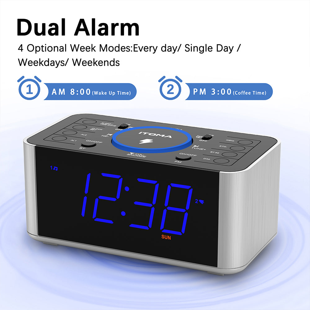 Kabelloser Ladewecker mit DAB- und UKW-Radio, 40 voreingestellten Sendern, zwei Alarmen, Schlummerfunktion, dimmbarem LCD-Display, Bluetooth, USB-Ladefunktion und Kopfhöreranschluss, Radiowecker fürs Bett iTOMA 206