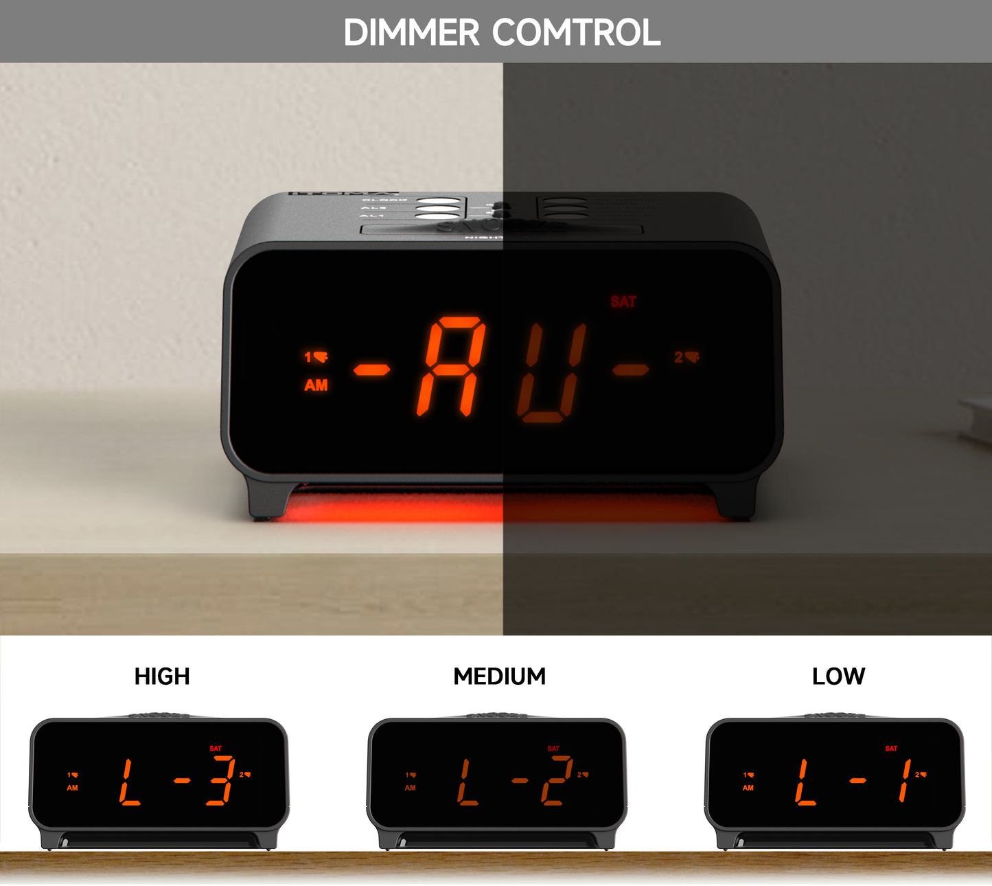 iTOMA 213-UK Small Alarm Clocks, Dual Alarms with 4 Alarm Week Modes, Snooze, USB Charger, Auto & Manual Dimmer,12/24Hr,Night Light and Orange LED Display Clock for Bedrooms