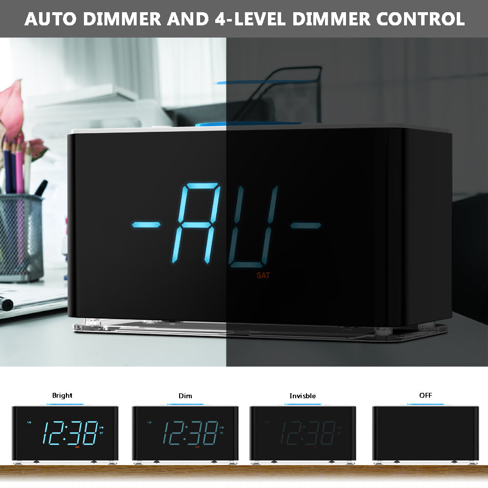 iTOMA 207A-UK Creative APP Control, Alarm Clock Radio with 15W Wireless Charger, FM Radio, Bluetooth, Two Charging Ports, Dual Alarm, Sleep Timer, Snooze, Auto-Manual Dimmer, Night Light &1.4" Ice Blue LED Display Clock Radio for Bedroom