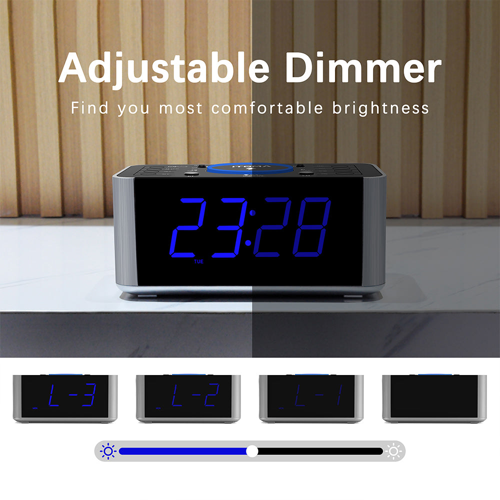 Kabelloser Ladewecker mit DAB- und UKW-Radio, 40 voreingestellten Sendern, zwei Alarmen, Schlummerfunktion, dimmbarem LCD-Display, Bluetooth, USB-Ladefunktion und Kopfhöreranschluss, Radiowecker fürs Bett iTOMA 206