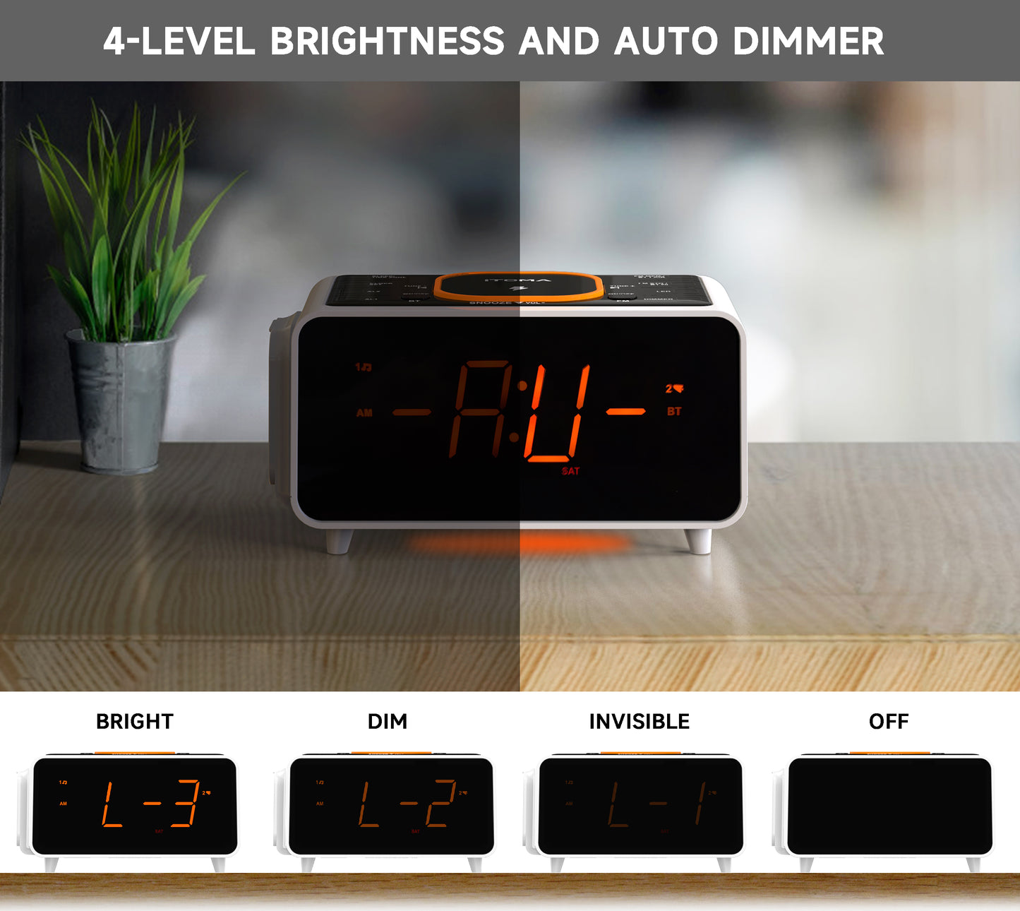 iTOMA 209A-UK Bedside App Control Dual Wireless Charging Alarm Clock Radio with Bluetooth Speaker, FM Radio, Two USB Port, Dual Alarm, Snooze, Night Light, Auto & Manual Dimmer Control and 1.4" Orange Display