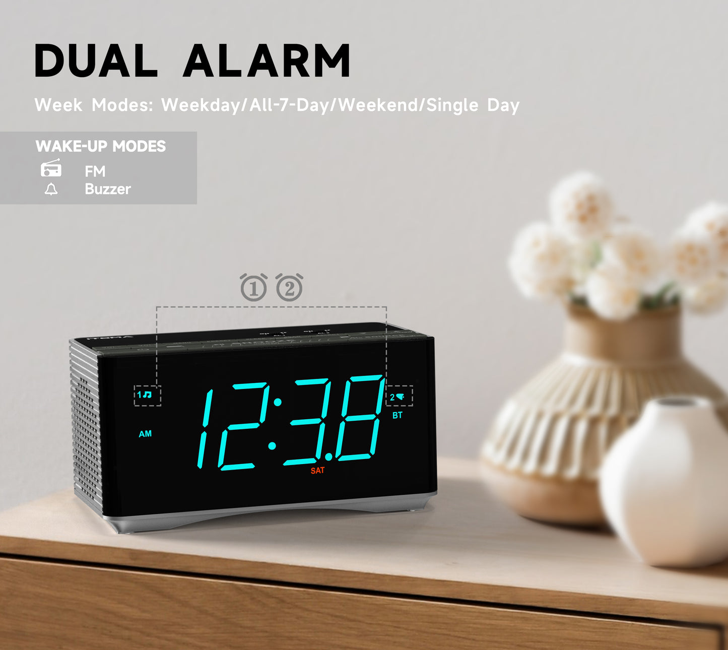 iTOMA 3501S-UK Digital Alarm Clock Radio-Bluetooth Stereo Speakers,FM Radio,Dual Alarm,Snooze,Brightness Dimmer,USB Charging, Alarm Clock for Bedroom Office