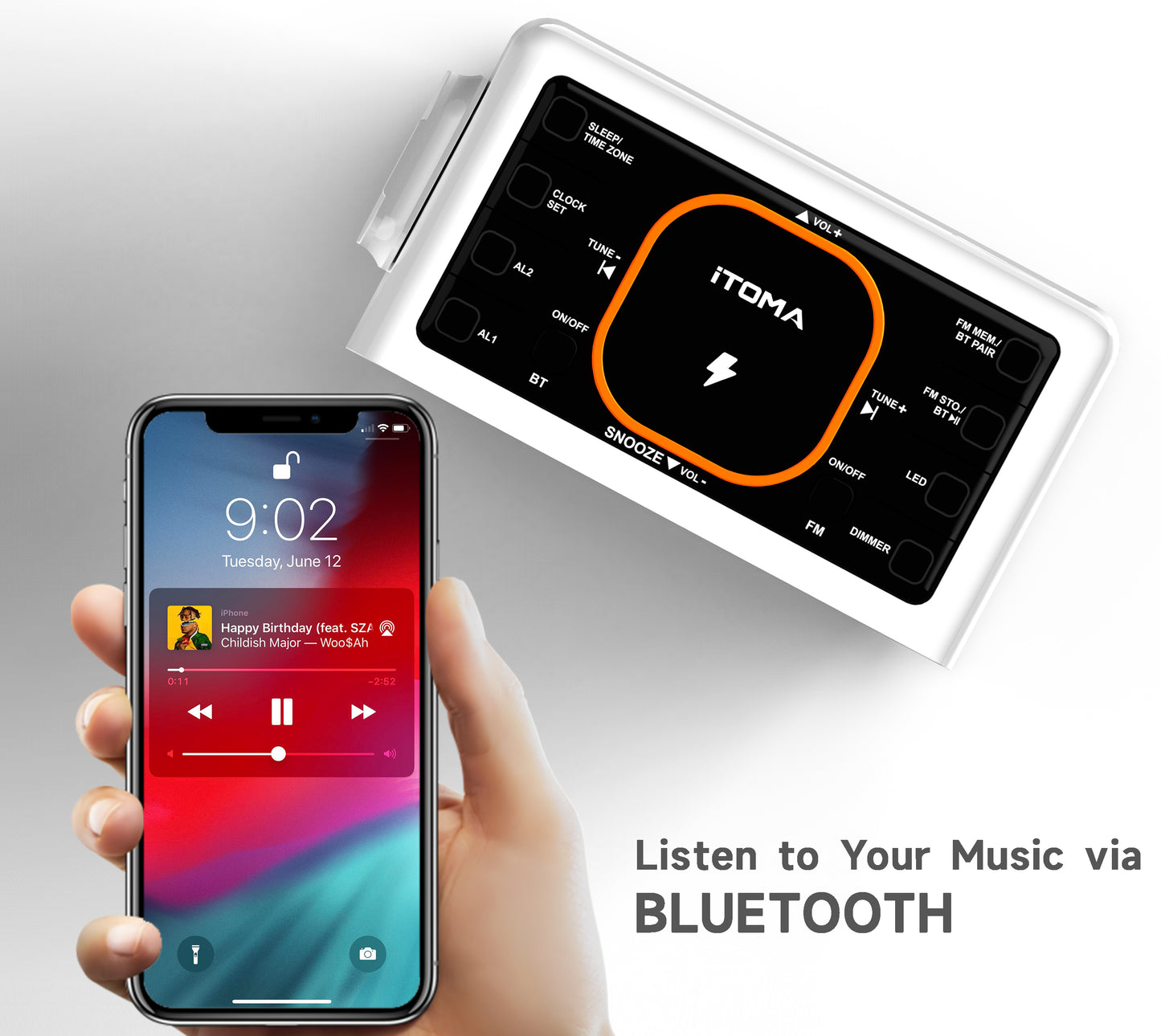iTOMA 209A-UK Bedside App Control Dual Wireless Charging Alarm Clock Radio with Bluetooth Speaker, FM Radio, Two USB Port, Dual Alarm, Snooze, Night Light, Auto & Manual Dimmer Control and 1.4" Orange Display