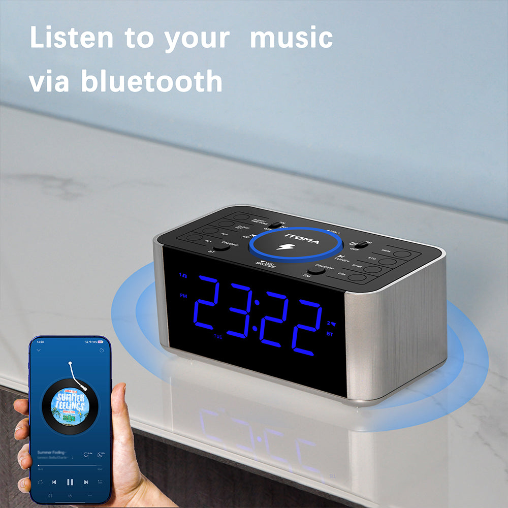 Kabelloser Ladewecker mit DAB- und UKW-Radio, 40 voreingestellten Sendern, zwei Alarmen, Schlummerfunktion, dimmbarem LCD-Display, Bluetooth, USB-Ladefunktion und Kopfhöreranschluss, Radiowecker fürs Bett iTOMA 206