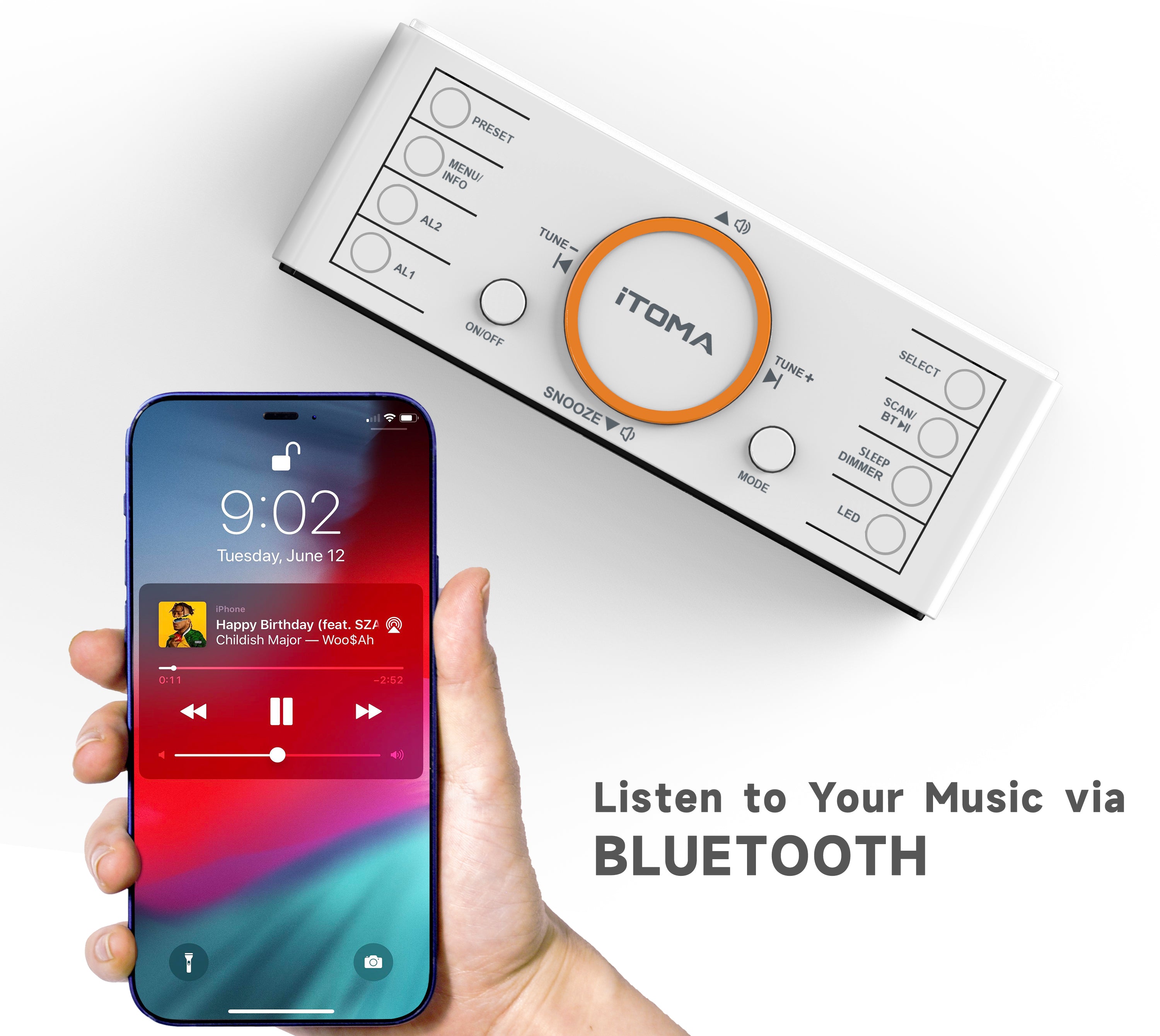 DAB and FM, Bluetooth, dual alarm clocks, sleep timer, dimming control, USB charger and headphone jack iTOMA 728