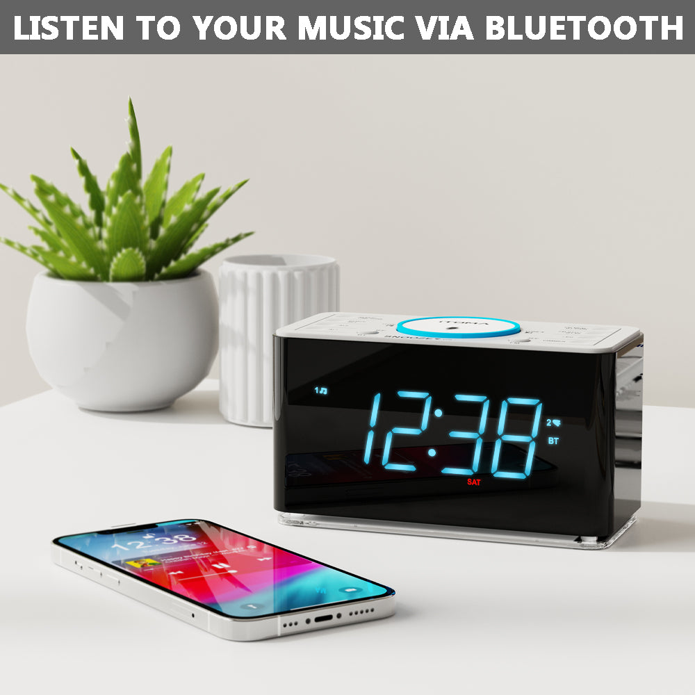 iTOMA 207A-UK Creative APP Control, Alarm Clock Radio with 15W Wireless Charger, FM Radio, Bluetooth, Two Charging Ports, Dual Alarm, Sleep Timer, Snooze, Auto-Manual Dimmer, Night Light &1.4" Ice Blue LED Display Clock Radio for Bedroom