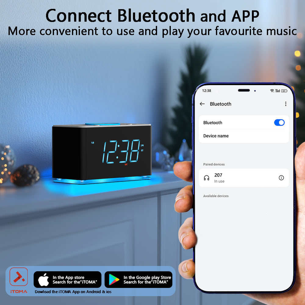 iTOMA 207A-UK Creative APP Control, Alarm Clock Radio with 15W Wireless Charger, FM Radio, Bluetooth, Two Charging Ports, Dual Alarm, Sleep Timer, Snooze, Auto-Manual Dimmer, Night Light &1.4" Ice Blue LED Display Clock Radio for Bedroom