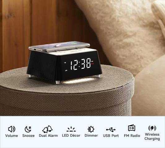 Bedside Wireless Charging Alarm Clock Radio with Bluetooth Speaker,FM Radio, Dual Alarm with Snooze, USB Charging, Night Light and Dimmable Display iTOMA 205