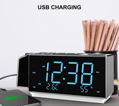iTOMA 509-UK Digital Projection Alarm Clock with FM Radio, USB Charging, 1.8'' LED Display, Night Light, Dual Alarm, Snooze, Dimmer Control, Bedside Clock Radio