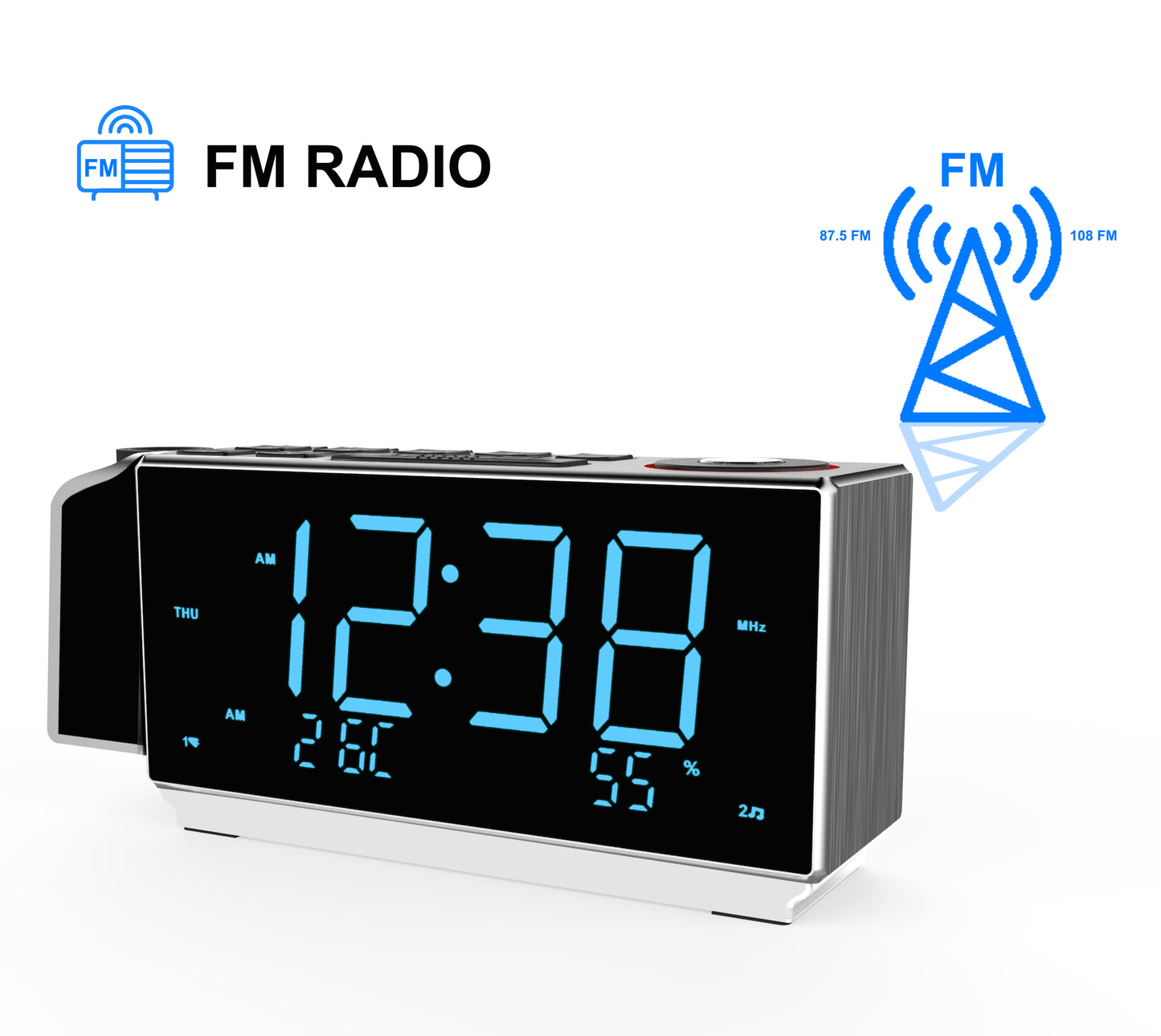iTOMA 509-UK Digital Projection Alarm Clock with FM Radio, USB Charging, 1.8'' LED Display, Night Light, Dual Alarm, Snooze, Dimmer Control, Bedside Clock Radio