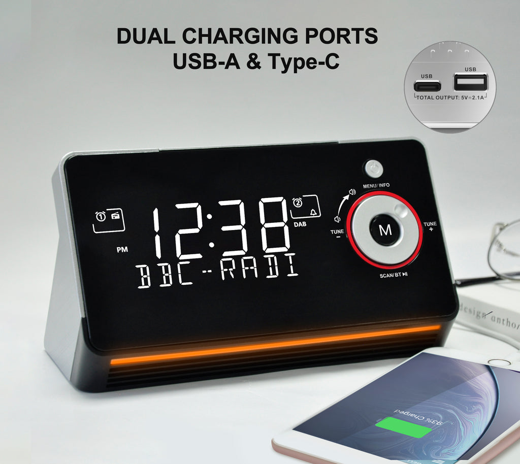 Alarm Clock with DAB & FM Radio,Dual Alarms, Snooze, Dimmable LCD Display, Night Light, Bluetooth,  Headphone，Type-C and USB Charging Ports iTOMA 729