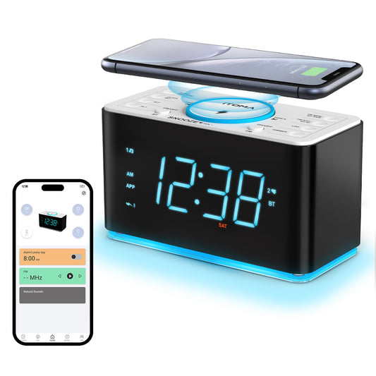 Creative APP Control, Alarm Clock Radio with 15W Wireless Charger, FM Radio, Bluetooth, Two Charging Ports, Dual Alarm, Sleep Timer, Snooze, Auto-Manual Dimmer, Night Light &1.4" Ice Blue LED Display Clock Radio for Bedroom iTOMA 207A-UK