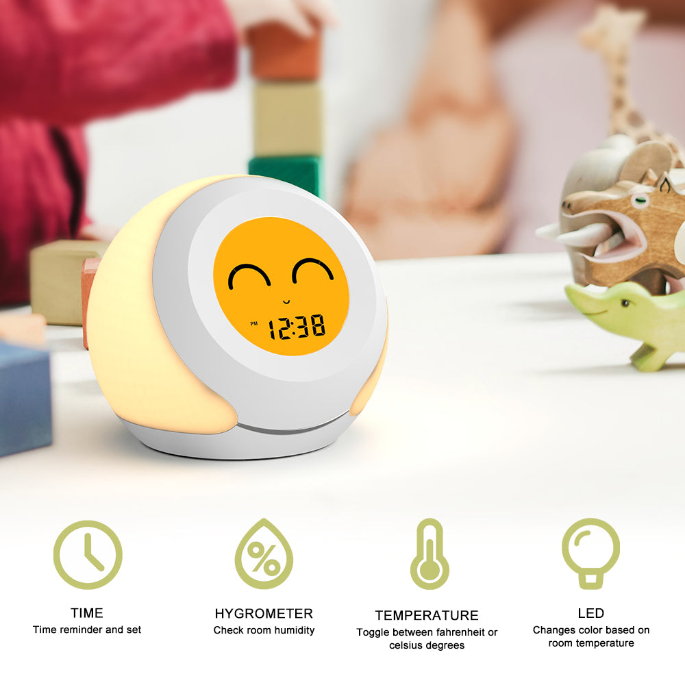 Thermometer, Hygrometer und niedliche Gesichtsausdrücke fürs Kinderzimmer, buntes Licht zur Auswahl, 4-stufiger Dimmer, Innentemperaturmonitor, LCD-Bildschirm, Kinderzeitanzeige, Temperatur- und Feuchtigkeitsmessgerät iTOMA 915