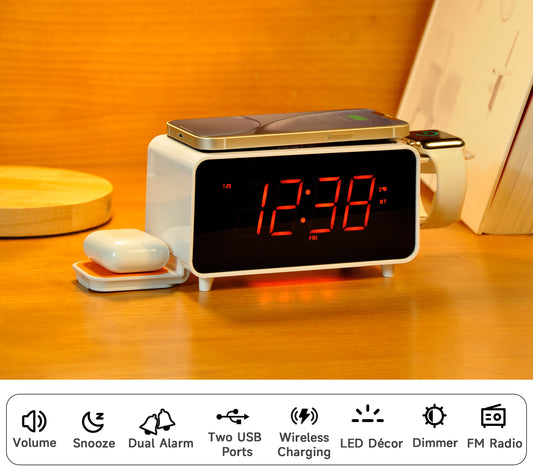 Bedside App Control Dual Wireless Charging Alarm Clock Radio with Bluetooth Speaker, FM Radio, Two USB Port, Dual Alarm, Snooze, Night Light, Auto & Manual Dimmer Control and 1.4" Orange Display iTOMA 209A-UK