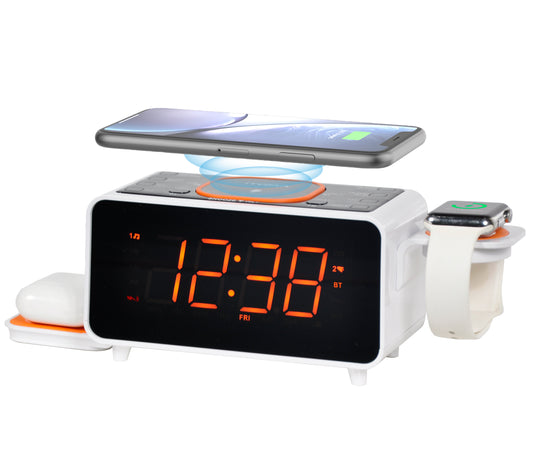 Bedside App Control Dual Wireless Charging Alarm Clock Radio with Bluetooth Speaker, FM Radio, Two USB Port, Dual Alarm, Snooze, Night Light, Auto & Manual Dimmer Control and 1.4" Orange Display iTOMA 209A-UK
