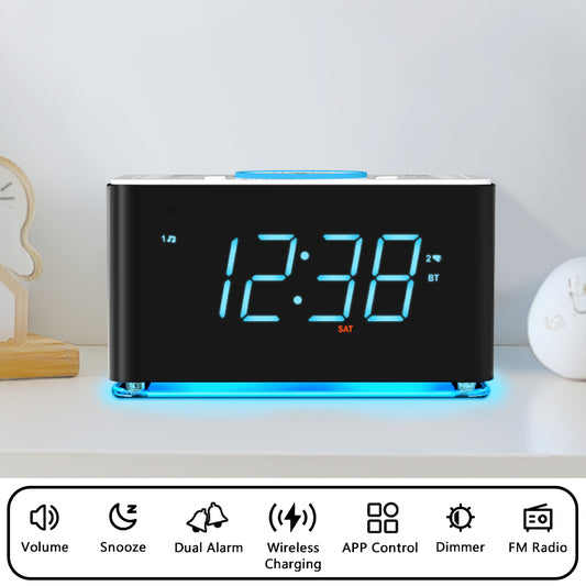 Creative APP Control, Alarm Clock Radio with 15W Wireless Charger, FM Radio, Bluetooth, Two Charging Ports, Dual Alarm, Sleep Timer, Snooze, Auto-Manual Dimmer, Night Light &1.4" Ice Blue LED Display Clock Radio for Bedroom iTOMA 207A-UK