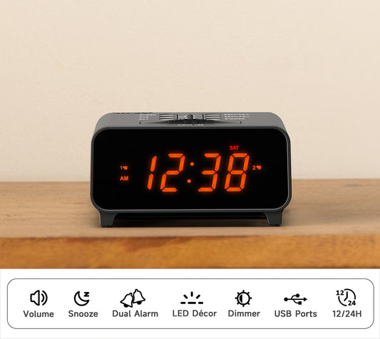 iTOMA 213-UK Small Alarm Clocks, Dual Alarms with 4 Alarm Week Modes, Snooze, USB Charger, Auto & Manual Dimmer,12/24Hr,Night Light and Orange LED Display Clock for Bedrooms