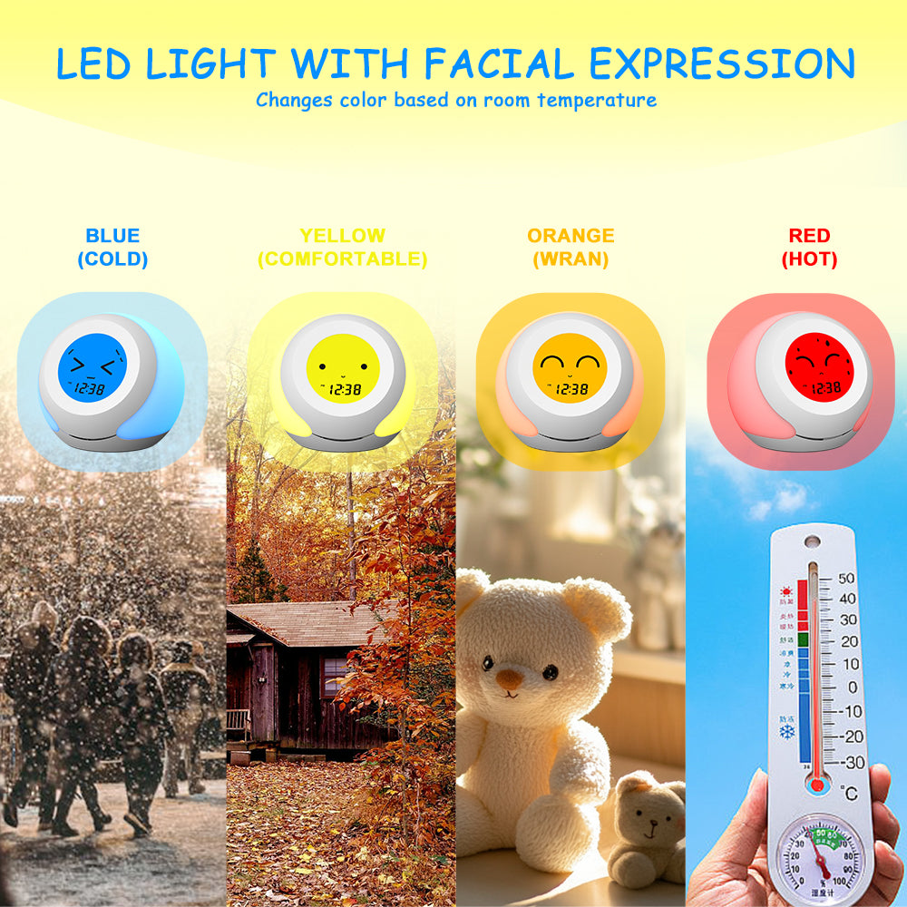 Thermometer, Hygrometer und niedliche Gesichtsausdrücke fürs Kinderzimmer, buntes Licht zur Auswahl, 4-stufiger Dimmer, Innentemperaturmonitor, LCD-Bildschirm, Kinderzeitanzeige, Temperatur- und Feuchtigkeitsmessgerät iTOMA 915