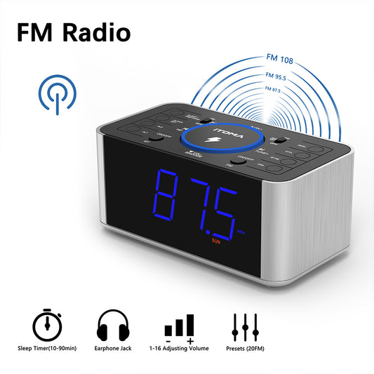 Bedside Alarm Clock Radio with 5W Wireless Charging, Snooze,Bluetooth, Dual Alarm, 1.4'' LED Display, Dimmer, USB Charging Clock for Bedside iTOMA 206S