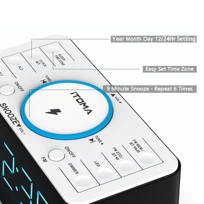 iTOMA 207A-UK Creative APP Control, Alarm Clock Radio with 15W Wireless Charger, FM Radio, Bluetooth, Two Charging Ports, Dual Alarm, Sleep Timer, Snooze, Auto-Manual Dimmer, Night Light &1.4" Ice Blue LED Display Clock Radio for Bedroom