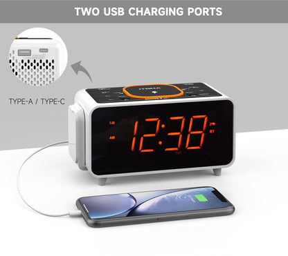 iTOMA 209A-UK Bedside App Control Dual Wireless Charging Alarm Clock Radio with Bluetooth Speaker, FM Radio, Two USB Port, Dual Alarm, Snooze, Night Light, Auto & Manual Dimmer Control and 1.4" Orange Display