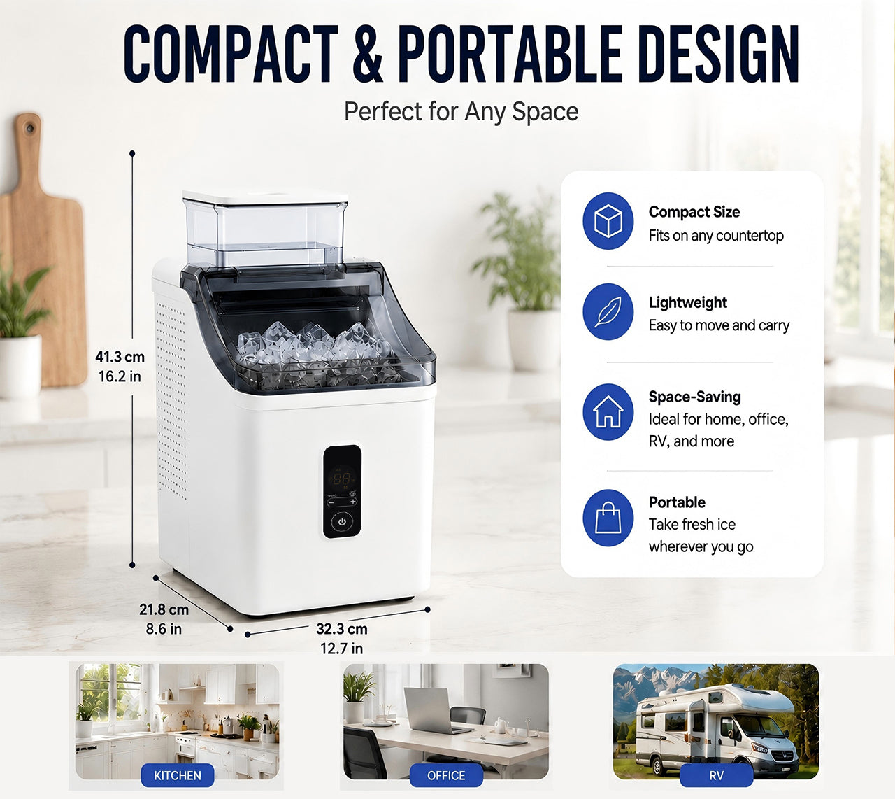 Ice Cube Maker Machine Countertop with 2 Ways to Add Water, Portable Self-Cleaning Ice Maker for Home/Kitchen/Office/RV, Ice Thickness Adjustable, 1-24H Timer, Ready in 20 Mins