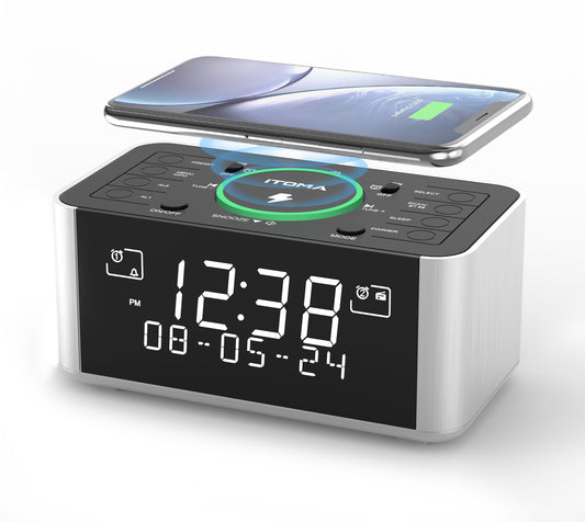 Alarm Clock with DAB & FM Radio Wireless Charging, 40 Preset Stations, Dual Alarms, Snooze, Dimmable LCD Display, Bluetooth, USB Charging and Earphone Jack, Bedside Alarm Radio iTOMA 206D
