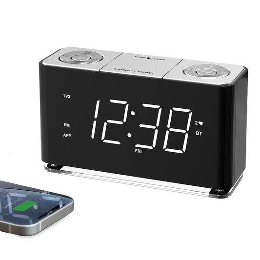 iTOMA 507A-UK Creative Digital Clock Radio, Bluetooth Alarm Clock, Large LED Display Screen, FM Radio, Dual Alarm Clock, USB Charging Interface, Night Light, Automatic and Manual Dimming, Snooze, Sleep Timer,APP Control