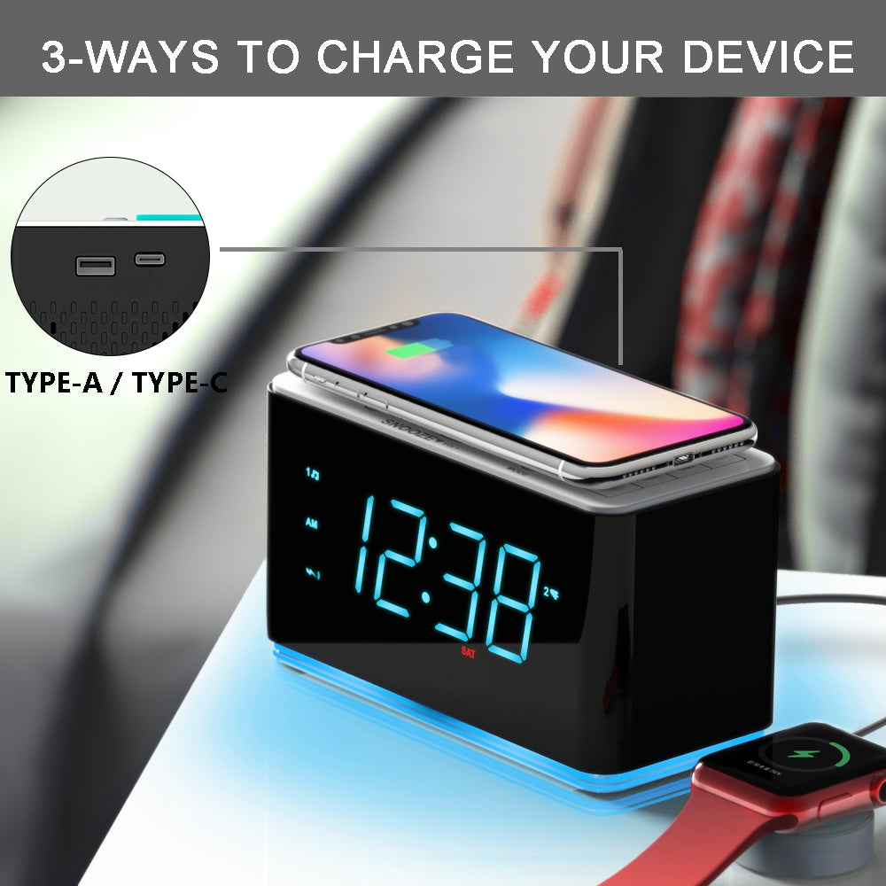 iTOMA 207A-UK Creative APP Control, Alarm Clock Radio with 15W Wireless Charger, FM Radio, Bluetooth, Two Charging Ports, Dual Alarm, Sleep Timer, Snooze, Auto-Manual Dimmer, Night Light &1.4" Ice Blue LED Display Clock Radio for Bedroom